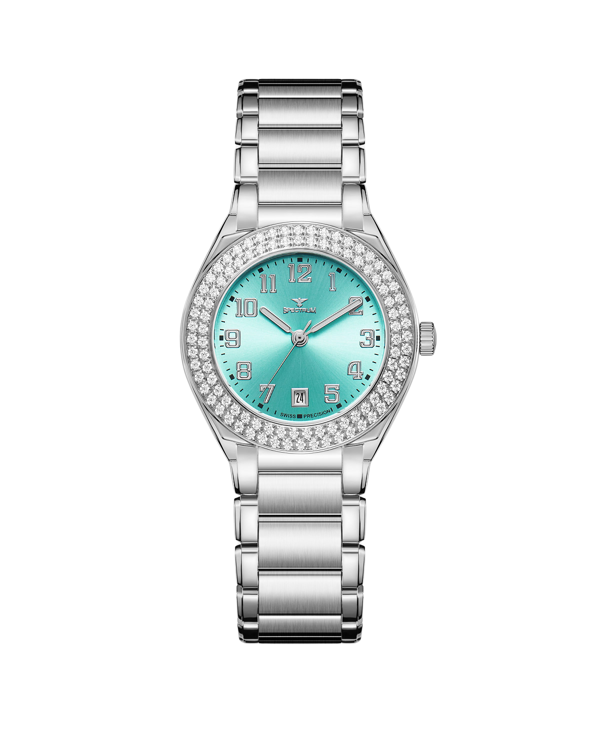 Spectrum silver bracelet watch with diamond bezel and turquoise dial